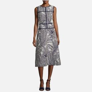 Lafayette 148 Damaris Dress 10 Gray Blue Midi Tropical Print Fil Coupe Silk